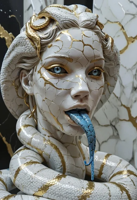score_9, score_8_up, score_7_up, score_6_up, Naruto_Manda, masterpiece, black marble snake,blue tongue, forked tongue, Sculpt, sculpture style,marble skin,colored gold sclera,glowing, realistic,SCLPT, sculpture style,