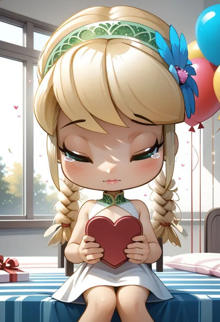 masterpiece,best quality,amazing quality, mature, clean lines, subtle lighting, bold outlines, cel shading, very aesthetic, absurdres, newest,
1girl, pinystyle, medium shot, closeup, solo, beautiful blonde girl, feather hair, hair made of feathers, mugenfan208, (small breasts:1.3), pink lips, green breastplate, white dress, cowhide helmet, (holding valentine's gift, heart-shaped balloons, heart-shaped particles:1.3), cute, sad expression, close eyes, looking down, crying, (hair feathers, peacock feathers in hair:1.5), bedroom background, walls, window, (sitting on bed:1.2), (legs open:1.1), sexy pose, sad atmosphere
