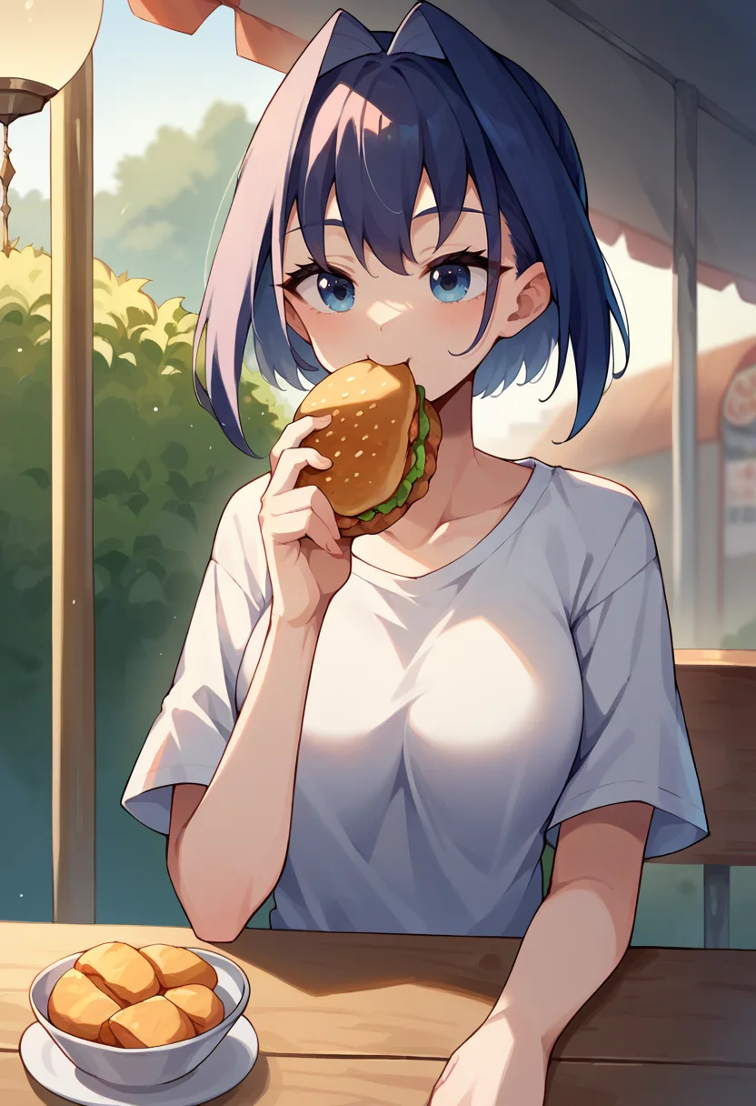 score_9, score_8_up, score_7_up, 1girl, solo, OuroKronii, short hair, hair intakes, t-shirt, eating, table, upper body, submarine sandwich, subway \(company\), happy, lamp, outdoors, street, lamppost, <lora:CHAR-OuroKroniiPonyXL:1>
