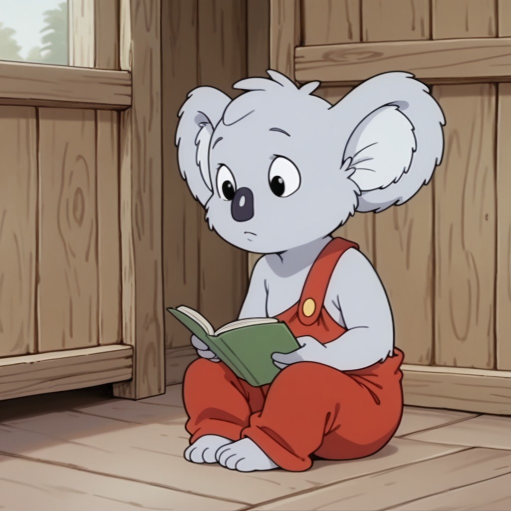 masterpiece, best quality, amazing quality, Blinkybbil, semi-anthro, male, Koala, grey fur, black eyes, one strap red overalls, sitting, inside, reading