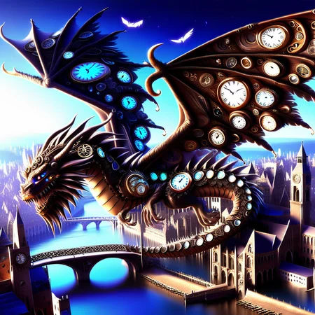 crescent moon, city, boat, blue sky, bridge, dragon, bookshelf, feathers, clock tower, river