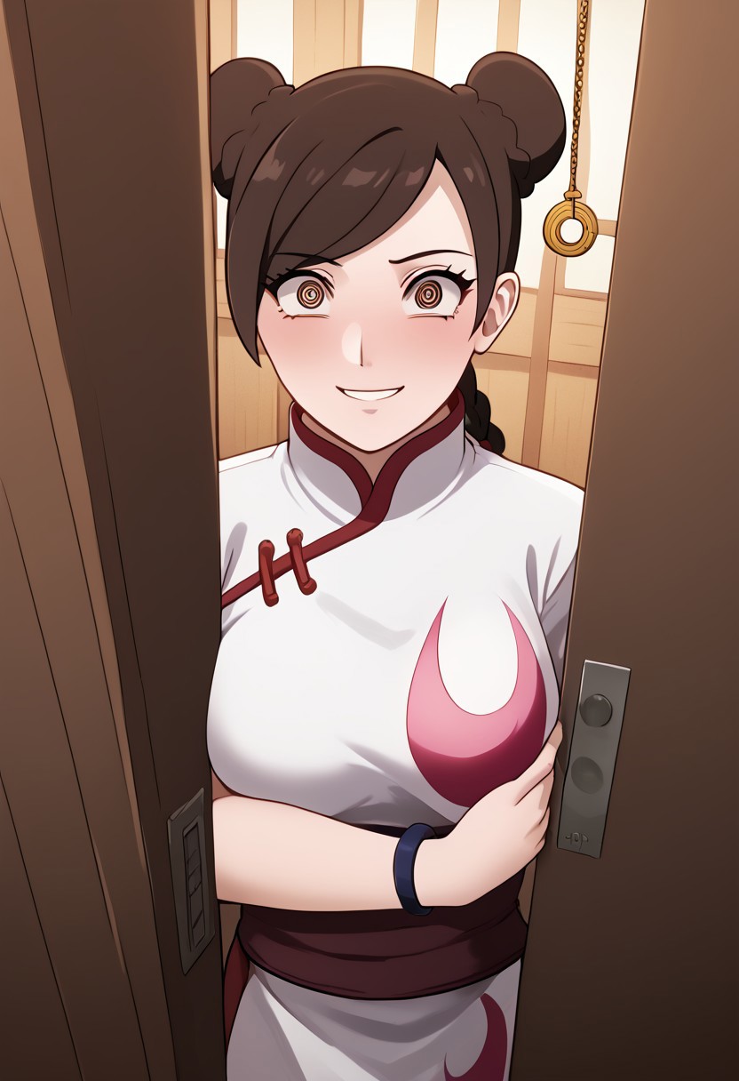 Tenten being hypnotized to undress,
score_9, anime, lewd, 1girl, smooth,
mind control, hypnotized,<lora:pendulum-ponyxl-lora-nochekaiser:1>, pendulum, holed coin, coin on string, hypnosis, mind control, coin, @ @,
door chain, peeking out, open door, undressing,
TentenPTS, hair bun, double bun, brown eyes, swept bangs, braid, chinese costume,