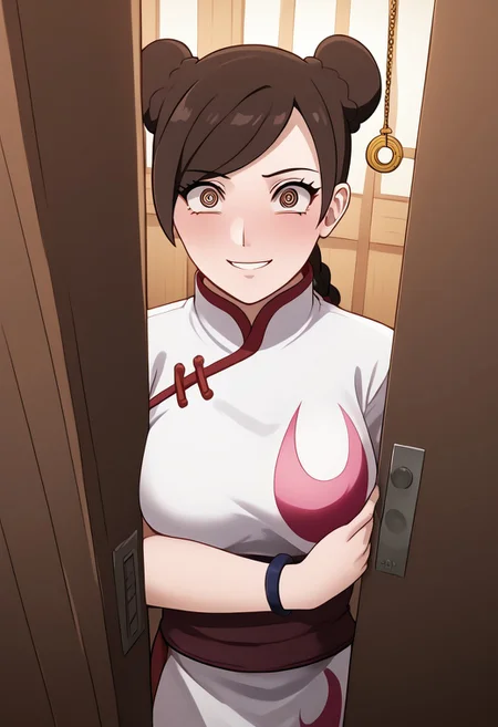 Tenten being hypnotized to undress,
score_9, anime, lewd, 1girl, smooth,
mind control, hypnotized,<lora:pendulum-ponyxl-lora-nochekaiser:1>, pendulum, holed coin, coin on string, hypnosis, mind control, coin, @ @,
door chain, peeking out, open door, undressing,
TentenPTS, hair bun, double bun, brown eyes, swept bangs, braid, chinese costume,