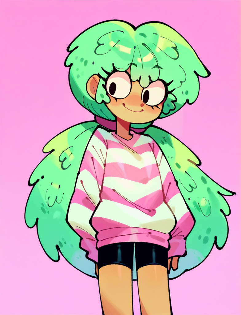 score_9, score_8_up, score_7_up, score_6_up, score_5_up, 1girl, <lora:Kelly_SVTFOE:1> kelly svtfoe, green hair, standing, striped shirt, bike shorts, long sleeves, smile, l long hair,  
pink background, <lora:wamudraws_Pony_locon_e26:0.66>
