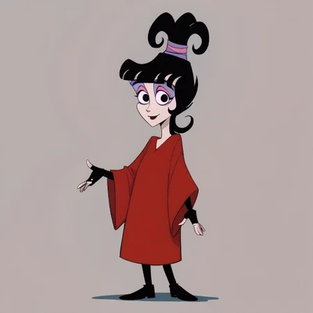 score_9, score_8_up, score_7_up BREAK LydiaDeetz, 1girl, black hair, blunt bangs, black eyes, ponytail, purple pink ponytail scrunchie, red lipstick, pink eyelids, purple eyeshadow, long red spiderweb poncho, fingerless black gloves, smiling at viewer, full body,