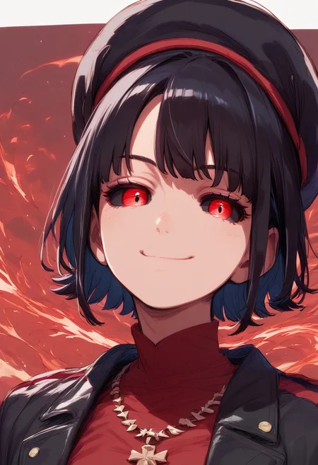 PonyScores7, source_anime, hi res, masterpiece, best quality, highres, Majo_PS, red eyes, hat, jewelry, smile, necklace, 1girl, black hair, glowing, looking at viewer, upper body, red shirt, closed mouth, black headwear, beret, black jacket, colored sclera, short hair