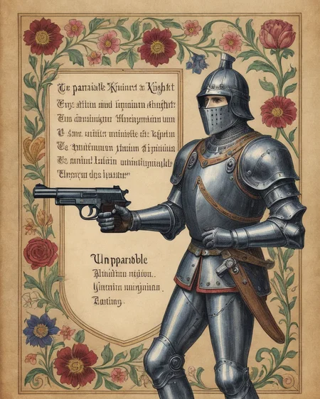 intricate floral parchment background, close up shots of one single ironclad armored medieval knight holding  gun glock shooting POV, handgun wielding, firearm, vintageillustration, <lora:vintage:0.6>, with the latin texbox saying "unparriable"