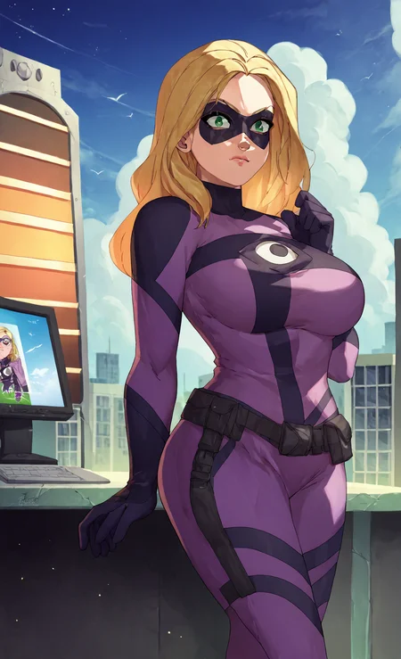 score_9, score_8_up, score_7_up, score_6_up, score_5_up, score_4_up, BREAK
<lora:Tattletale_Lisa_Wilbourn-000019:1> tattletale, blonde hair, green eyes, purple bodysuit, domino mask, large breasts, standing, monitor array, <lora:artistsautism_lora_XL_dim32_8e_v2_civit:1> by artistgloss, rating_safe