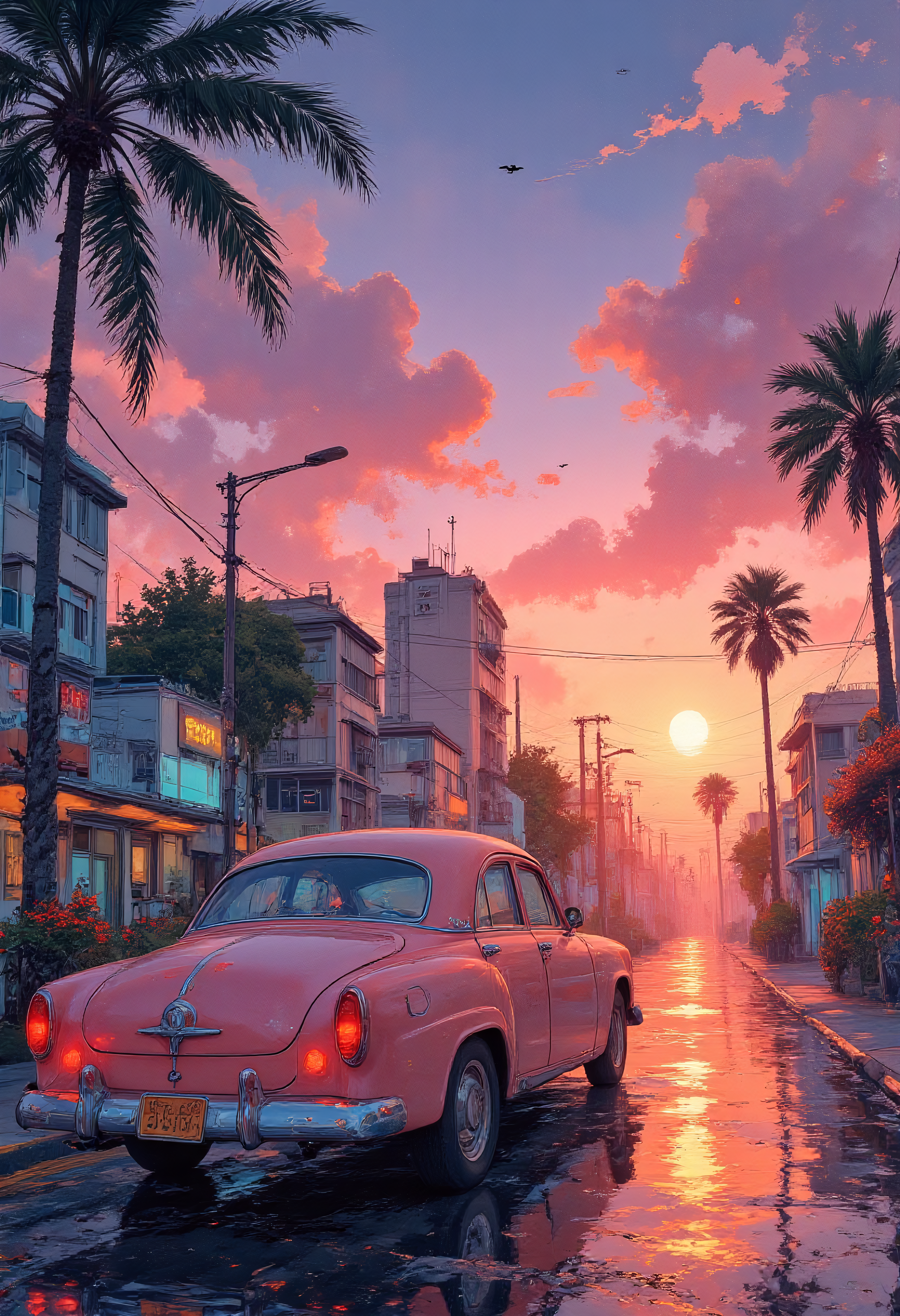 A sunset retro drive by Miami Beach, vibrant glow