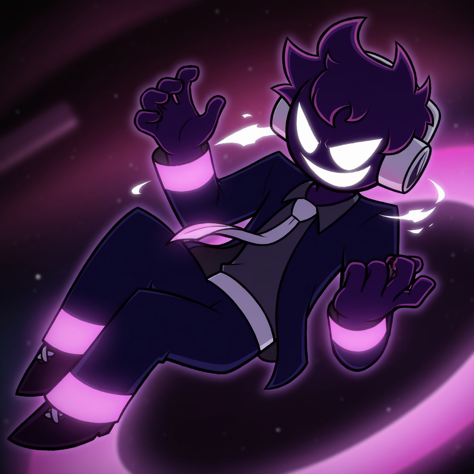 2d, 1boy, solo, Voidfnf, (singularity void), male, humanoid, dark purple body, dark purple hair, white sclera, no pupils, Silver Headphones, indigo jacket, gray undershirt, gray shirt collar, white and purple tie, white belt, indigo pants, glowing purple trims, dark purple shoes

BREAK floating, in space, evil smile, from above, evil aura, hands up,

BREAK best quality, amazing quality, very aesthetic, absurdres, newest, masterpiece 