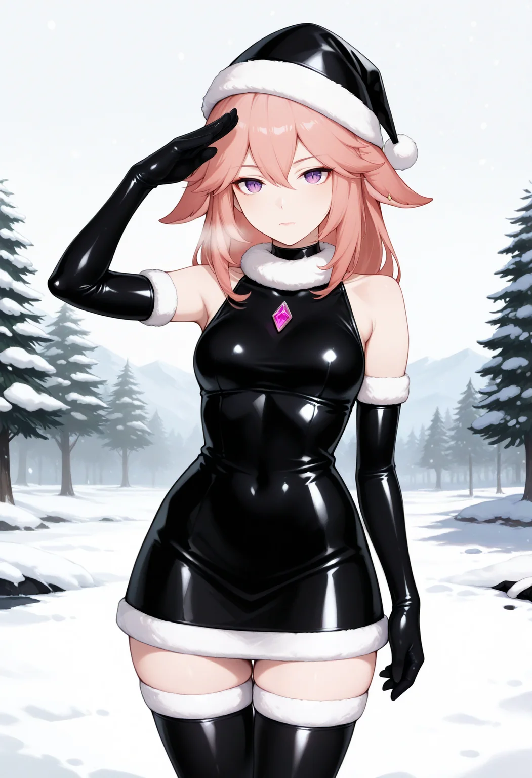 best quality, masterpiece \(quality\),
(yae miko:0.8), medium hair,
serious, closed mouth, slit pupils,
1girl, solo,
black latex, sleeveless dress, santa hat, santa costume, thighhighs, elbow gloves, chest jewel, pink gemstone,
standing, cowboy shot, salute,
outdoors, snow,
<lora:latex-fantasy-noobvpred-v15mk2-step10560-rank256:0.8>