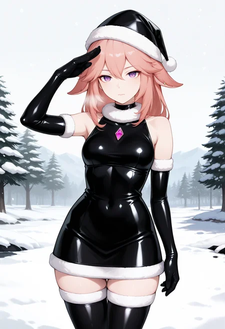 best quality, masterpiece \(quality\),
(yae miko:0.8), medium hair,
serious, closed mouth, slit pupils,
1girl, solo,
black latex, sleeveless dress, santa hat, santa costume, thighhighs, elbow gloves, chest jewel, pink gemstone,
standing, cowboy shot, salute,
outdoors, snow,
<lora:latex-fantasy-noobvpred-v15mk2-step10560-rank256:0.8>