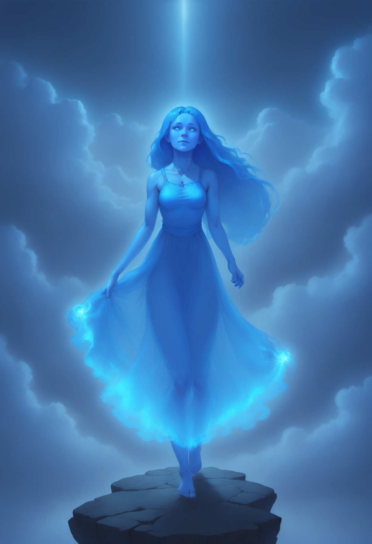 Sylphrena, spren, 1girl, long blue hair, blue skin, blue dress, barefoot, glowing blue light, clouds, mist, <lora:sylphrenahonorspren_sdxl:0.5>