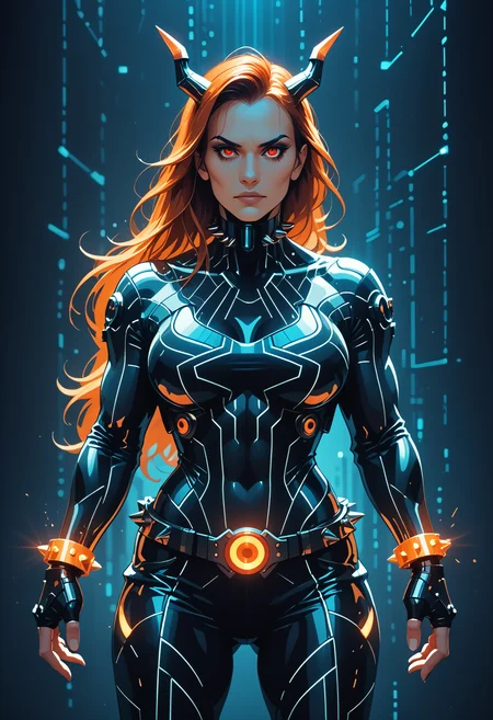 score_9, score_8_up, score_7_up,
codeandigital, matrix, matrix codes, ai, ai consciousness, red and black digital world background, digital, science fiction, Long hair, Streaked Hair, red and orange hair, Multicolored Hair, red eyes, horns, blush, serious face, (muscular female:1.6), biceps, glowing chains, mechanical armor, glowing circuit lines, digital lines, code lines, mechanical gauntlets, cleavage cutout, bare shoulders, mechanical belt, cyberpunk, (goth:1.5), cyber goth, glowing spiked choker, red glowing spiked wristbands, action pose,