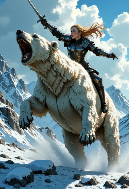 Anime fantasy movie still, photograph, closeup portrait of a 20-year old aggressive roaring Russian blond holding a sword up by hilt riding a roaring Polar bear rearing up on two legs, and she wears shiny medieval metalic armor, snowy background, cinematic realism, high action pose, perfect pupils, insanely detailed faces, correct digits, perfect hands, perfect eyes, perfect pupils, expressive eyes, texture, detailed, MurphFSF