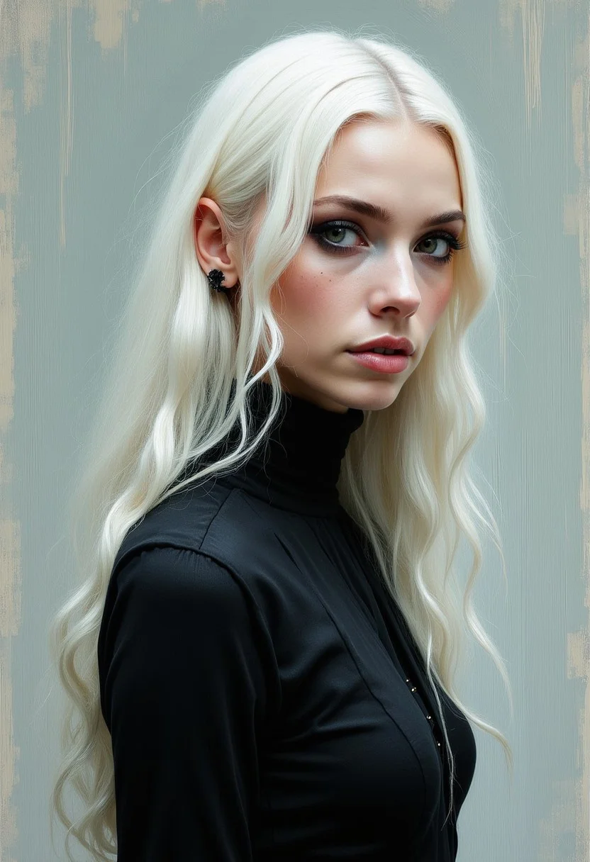 Soft impressionist brush strokes, canvas texture, tight crop, muted colors, portrait painting, female supermodel, white long hair, black dress, goth fashion, intricate detail, detailed eyes, realistic, by jean-baptiste monge20, artgerm5, greg rutkowski30, richard schmid10, action pose20