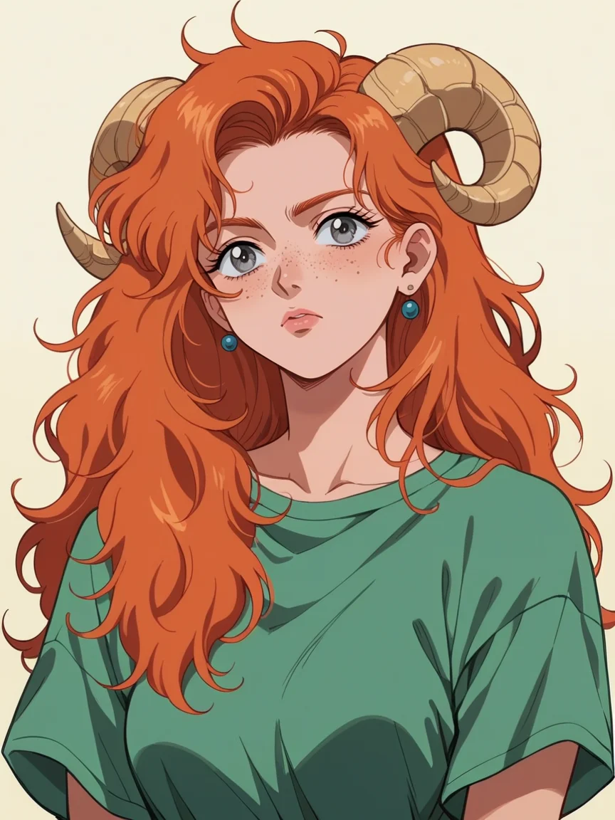 score_9. score_8_up, score_7_up, score_6_up, score_5_up, score_4_up, <lora:90s4n1m3XLP:0.7> 90s4n1m3, 1girl, long hair, Fr3ckles,1girl, freckles, grey eyes, ginger hair, <lora:Fr3ckledXLP:0.5> 1990s, blue, green, large breasts, ram horns, 1990s anime screencap,
