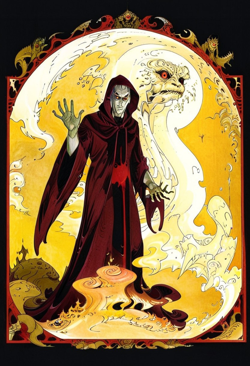 A robed and hooded monk, whose shadow transforms into a shadowy monster