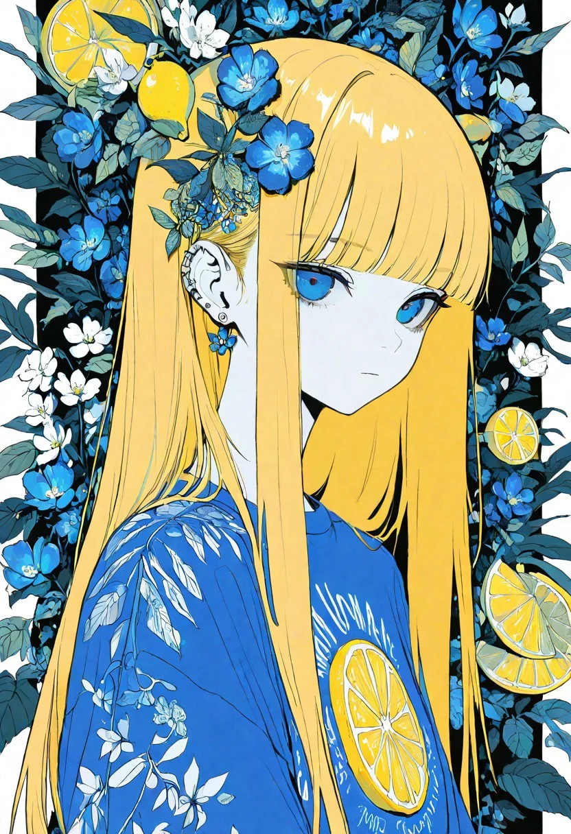 masterpiece, best quality, good quality, very awa, newest, highres, absurdres, 1girl, solo, long hair, looking at viewer, shirt, blonde hair, hair ornament, closed mouth, jewelry, upper body, flower, earrings, food, blunt bangs, hair flower, blue eyes, fruit, expressionless, leaf, piercing, blue shirt, white flower, portrait, ear piercing, blue flower, print shirt, lemon \(fruit\), lemon slice, limited palette,