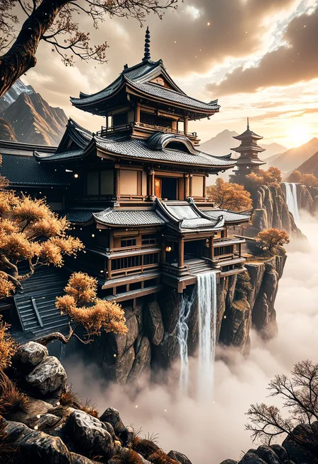 SmoothNoob_Quality, (sepia:1.5), glowing particles, blue and gray colors, no humans, east asian architecture, mountainous horizon, above clouds, fantasy, scenery, sky, trees, myouren temple, ethereal, fog, soft lighting,āāāāāā <lora:Smooth_Booster:0.5>āāā