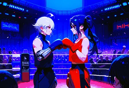 (2girls, multiple girls, upper body, facing another, side view, fistbump, smirking, sly smile:1.2), spotlights, boxing match, (in a boxing ring,(drunk, wasted), BREAK jill stingray, twintails, dark purple hair, sweatpants, sports bra, black pantyhose, BREAK dana zane, mechanical arms, single mechanical arm, white hair, ahoge,
score_9, score_8_up, score_7_up, source_anime, cheering crowd, audience, neon lights, red theme, purple theme, boxing gloves, d3p1x3l, pixel art,