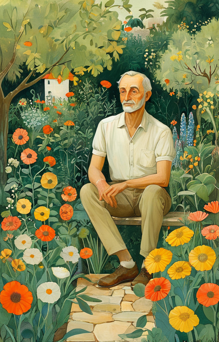 masterpiece,best quality,<lora:tbh143-sdxl:0.7>,portrait of man in garden,flowers,illustration,style of Alice Provensen