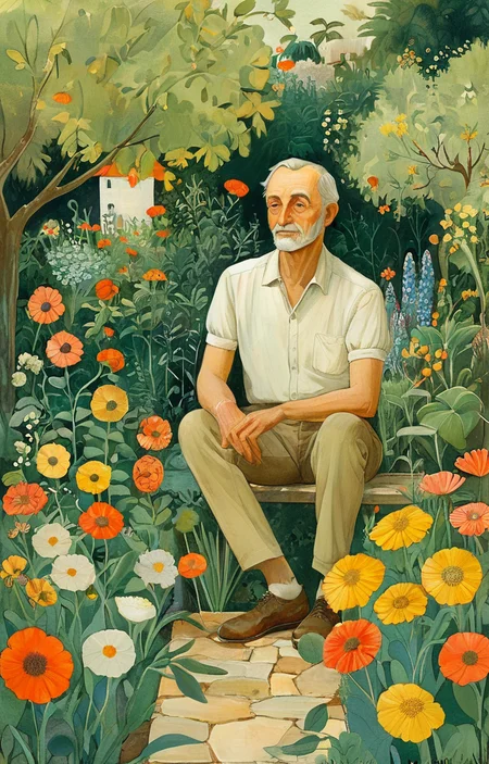 masterpiece,best quality,<lora:tbh143-sdxl:0.7>,portrait of man in garden,flowers,illustration,style of Alice Provensen
