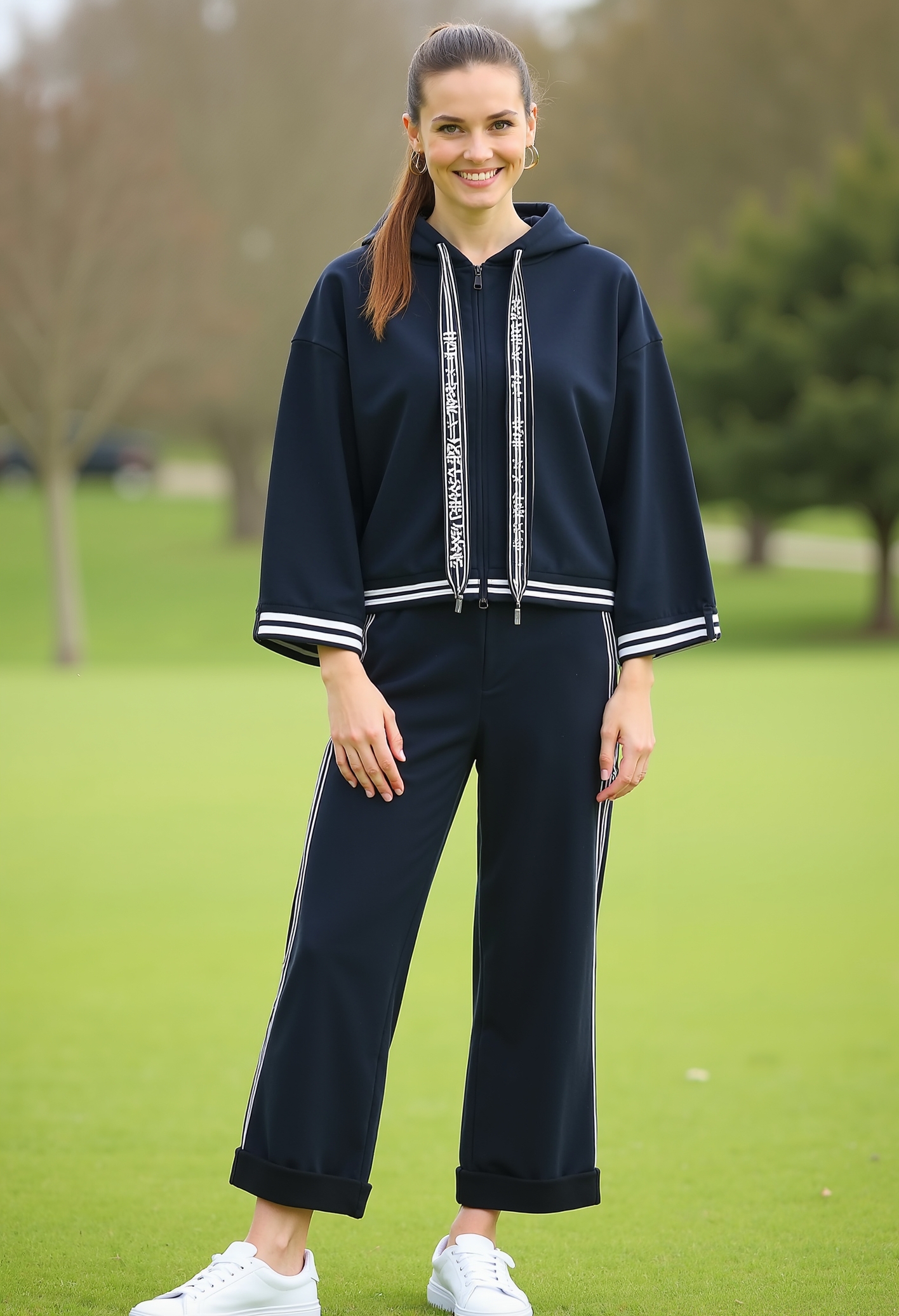 beautiful sexy woman, smiling, ponytail, clo015, wearing a navy-blue hoodie with graphic ribbon details and white accents, wide trousers with side stripes and a bold text detail, white platform sneakers, standing in the gras in a park