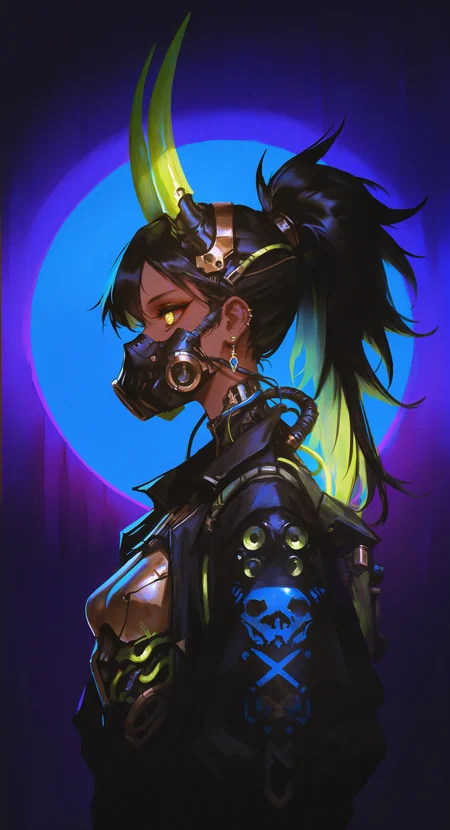 masterpiece, best quality, Good quality, very aesthetic, absurdres, newest,  1girl, solo, long_hair, breasts, simple_background, black_hair, jewelry, jacket, upper_body, ponytail, multicolored_hair, earrings, small_breasts, horns, green_hair, dark_skin, from_side, dark-skinned_female, profile, mask, blue_background, glowing, high_ponytail, glowing_eyes, science_fiction, purple_background, skull, fake_horns, cable, cyborg, gas_mask, mechanical_parts, cyberpunk, tube, respirator <lora:ponyv5_noobE11_1_adamW-000013:0.7> <lora:USNR_STYLE_XL_lokr:1>