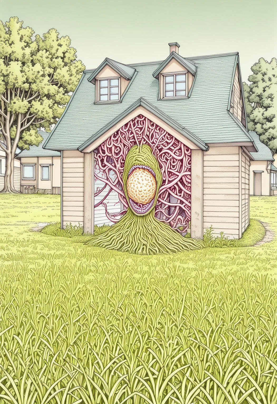 skstyle, horror (theme), highly-detailed, best quality, masterpiece, very aesthetic, scenery, house, trees, grass