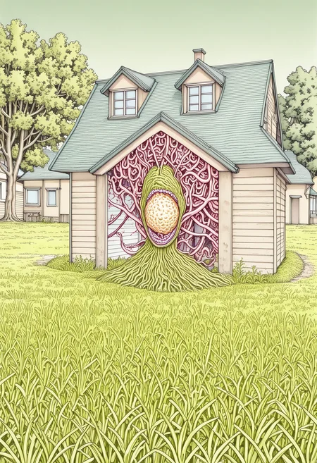 skstyle, horror (theme), highly-detailed, best quality, masterpiece,  very aesthetic, scenery, house, trees, grass