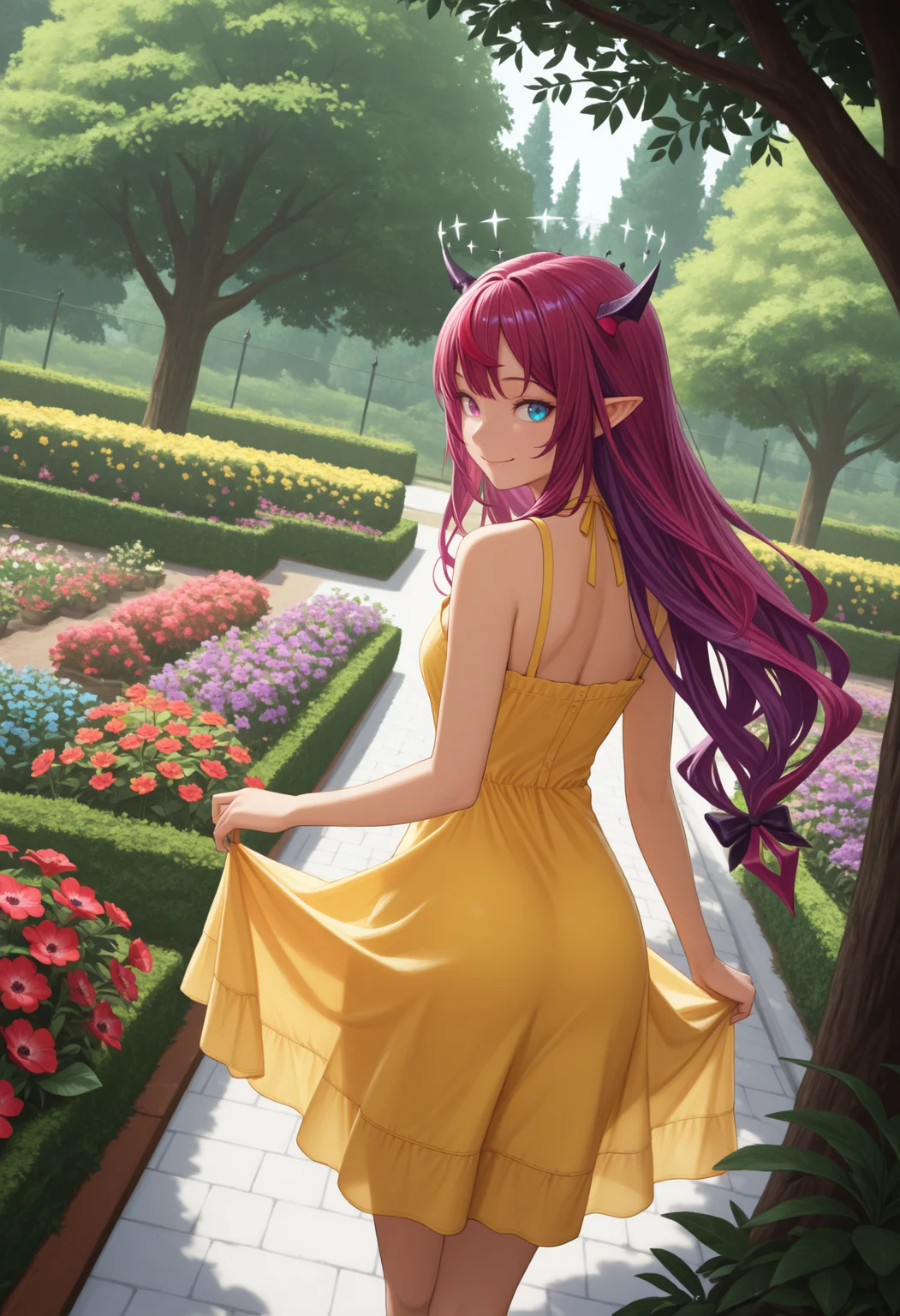 masterpiece, best quality, 1girl, solo, 1RyS, heterochromia, purple eye, blue eye, horns, double halo, multicolored hair, purple hair, long hair, from behind, looking back, smile, yellow sundress, sleeveless, back, outdoors, garden, plant, flower, tree, cowboy shot, dutch angle, wide shot, <lora:ChamIRySNoob:1>