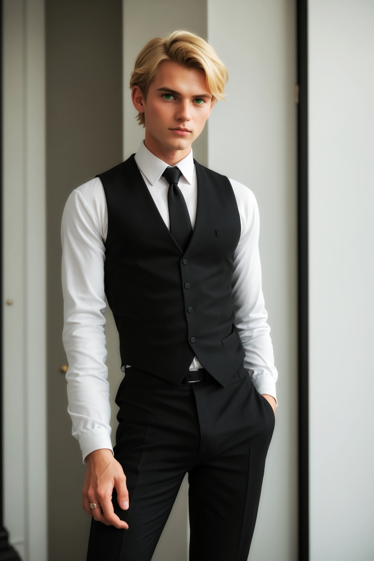 score_9, score_8_up, score_7_up, masterpiece, high quality, solo, 23 years old, imtdflixfathomgrahamdevanily, 1boy, male, blonde hair, vest, black vest, short hair, white collared shirt, necktie, green eyes, long sleeves, black pants, formal, ring, from behind, standing, ass, serious, seductive look, looking at viewer, toned body, looking back
