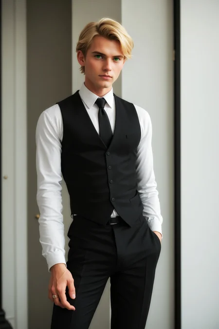 score_9, score_8_up, score_7_up, masterpiece, high quality, solo, 23 years old, imtdflixfathomgrahamdevanily, 1boy, male, blonde hair, vest, black vest, short hair, white collared shirt, necktie, green eyes, long sleeves, black pants, formal, ring, from behind, standing, ass, serious, seductive look, looking at viewer, toned body, looking back
