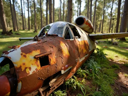 <lora:heinkel-he-162-salamander-flux-d:2.3> A rusting wreck of a heinkel He 162 salamander half-buried in a mossy forest clearing, sunlight breaking through the trees to glint off the remaining aluminum. The shot is close and wide, capturing texture detail in every crack and patch of corrosion.