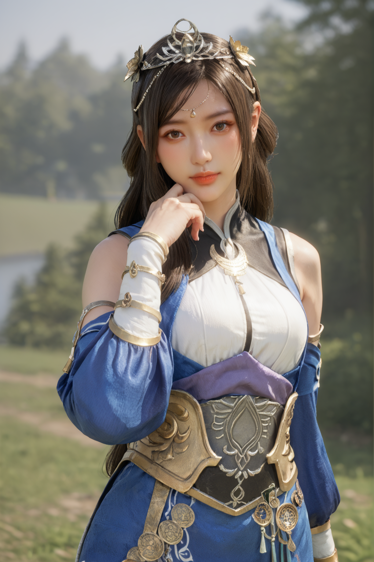 score_9, score_8_up, score_7_up, 1girl, solo, looking at viewer, half body shot, Standing with one hand touching the chin, <lora:Cai_Wenji_Dynasty_Warriors:0.8> long hair, brown hair, brown eyes, jewelry, hair ornament, tiara, dress, detached sleeves, pantyhose, outdoors, blurry, depth of field