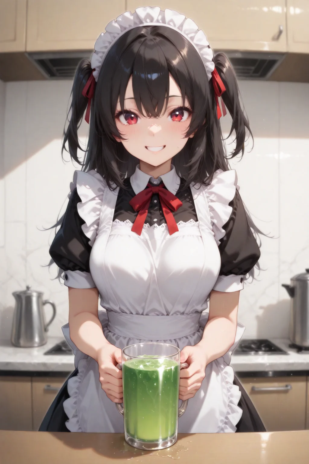 masterpiece best quality, absurdres very aesthetic, general, intricate details, anime coloring, clean outline, thin lines, sharp edged clear-outline,
1 maid girl, cute face,(Grin smile:0.9),look at viewer,
(maid hairband:1.0),white maid apron, (maid costume),breasts,black hair,two side up,holding (a big grassed mug) with both hands,ribbon,
(she serving rich and fresh (green-juice) in a big glass mug.), in counter kitchen,