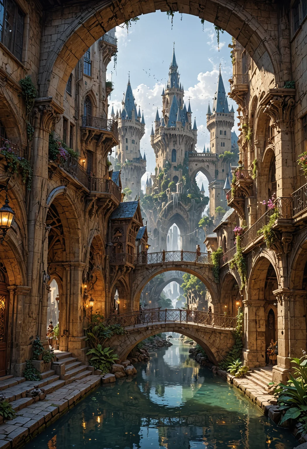 Sharn. a grand capital city of towers nestled in the heart of a magical realm inspired by Eberron. The city stands as a testament to both architectural splendor and mystical enchantments. The bridges connect the towers, and are filled with a diverse array of creatures, both human and fantastical, going about their daily routines. The towers showcase a harmonious blend of traditional medieval design and whimsical magical enhancements. Ornate bridges span over flowing rivers and canals, connecting various districts of the city. Gardens and parks are interspersed throughout, teeming with vibrant, otherworldly flora and fauna. In the central square, a magnificent fountain serves as a gathering place, its waters sparkling with magical energies.
(highly epic detailed geometric futuristic:1.5), centered, middle of an Insanely colorful epic realistic, (centered with the frame:1.4), prismatic. grid, triangles, fractal, elemental fusion, (gold:0.9), (chromium:0.9) <lora:EpicF4nta5yXL:0.8>