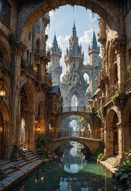 Sharn. a grand capital city of towers nestled in the heart of a magical realm inspired by Eberron. The city stands as a testament to both architectural splendor and mystical enchantments. The bridges connect the towers, and are filled with a diverse array of creatures, both human and fantastical, going about their daily routines. The towers showcase a harmonious blend of traditional medieval design and whimsical magical enhancements. Ornate bridges span over flowing rivers and canals, connecting various districts of the city. Gardens and parks are interspersed throughout, teeming with vibrant, otherworldly flora and fauna. In the central square, a magnificent fountain serves as a gathering place, its waters sparkling with magical energies.
(highly epic detailed geometric futuristic:1.5), centered, middle of an Insanely colorful epic realistic, (centered with the frame:1.4), prismatic. grid, triangles, fractal, elemental fusion, (gold:0.9), (chromium:0.9) <lora:EpicF4nta5yXL:0.8>