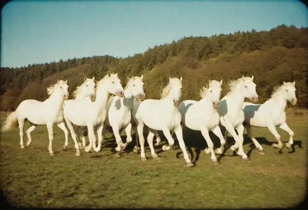 7 running white horses light projection in the style of polaroid film, holga 120n, juxtaposition of light and shadow, scene sunshine background