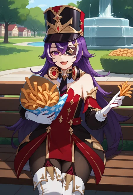 score_9, score_8_up, score_7_up, source_anime, 1girl, chevydef, purple eyes, purple hair, streaked hair, long hair, pointy hair, hair between eyes, eyepatch, mole under mouth, earmuffs, shako cap, gold trim, black necktie, red dress, strapless dress, puffy detached sleeves, bare shoulders, black headwear, detached collar, white gloves, black pantyhose, white footwear, thigh boots, sitting, park bench, open mouth, smile, happy, looking at viewer, outdoors, renaissance town, fountain, cowboy shot, holding food, french fries, eating, aiming at viewer, <lora:Chevreuse_v1-000010:1>