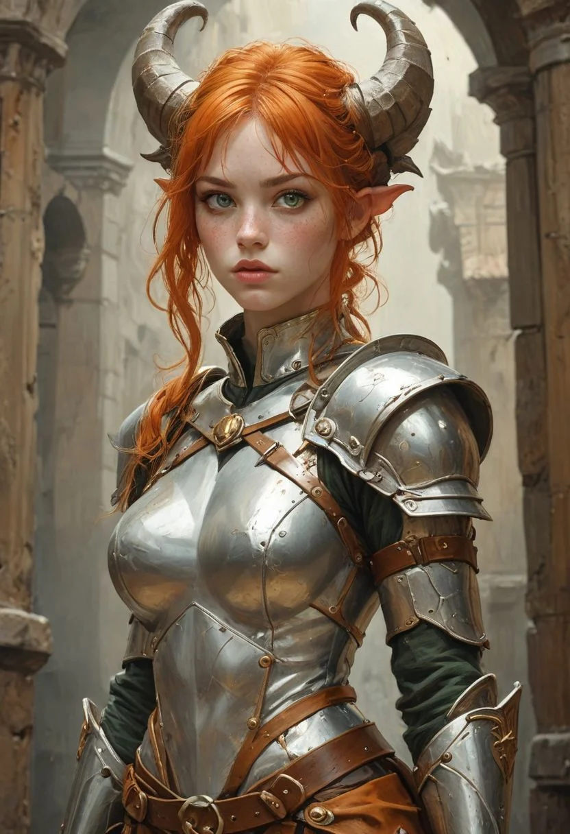 A purple towering Minotauress, Giantess, 8 feet tall, wearing gladiator armor, in the style of Karol Bak, Adam Hughes, Boris Vallejo, Julie Bell, Norman Rockwell,
View from below, looking down on viewer,
{
1woman,
25 year old,
Merida
(Pointy Ears:1.3),
orange hair,
(Green eyes,:1.3)
Makeup,
Big Round Eyes,
Fake Eyelashes,
fleshy big lips,
Pale skin, freckles,
}
(muscular female:), 6 pack, ripped muscles, (massive Horns:1.5), Tiefling, tail on coccyx, small waist, thin legs, thin thighs, medium breasts,
(Roman Gladiator Interior background:1.1)
(cleavage), top too small, skindentation, plunging neckline, bursting breasts, breastplate, Gladiator, chainmail, silver armor, Silver clothes, Gold Trim, Leather Belts, shoulder armor, (navel:1.2), gauntlets, thigh armor, hip armor,