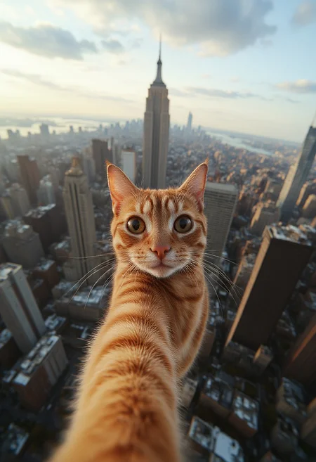 a red burma cat making a selfie on top of the tallest building in New York City, the Manhattan in the background, stunning image, realistic
