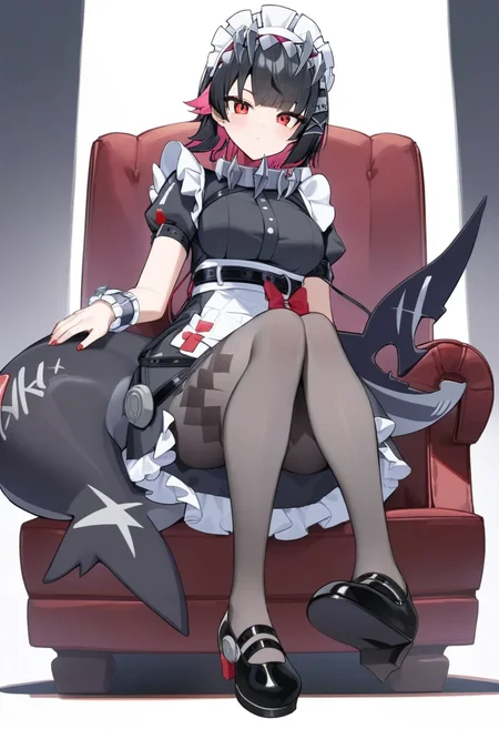 masterpiece,best quality,very aesthetic,absurdres,<lora:iellen_joe_xl:1>,white_background,puffy_short_sleeves,solo,blush,maid_headdress,1girl,frilled_skirt,full_body,closed_mouth,absurdres,sitting,fins,ellen_joe,white_apron,arm_strap,black_dress,frilled_wristband,simple_background,grey_pantyhose,knees_together_feet_apart,shark_girl,black_belt,heart,looking_at_viewer,symbol-only_commentary,