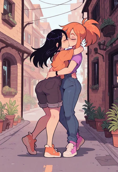 dynamic pose, 2girls, lesbians, hug, kiss, clothes,
detailed eyes,
detailed face,
outside,
houses, urban, plants,
masterpiece ,best quality ,amazing quality, Flatline, Flat vector illustration, rapscallionstyle, androjuniarto,