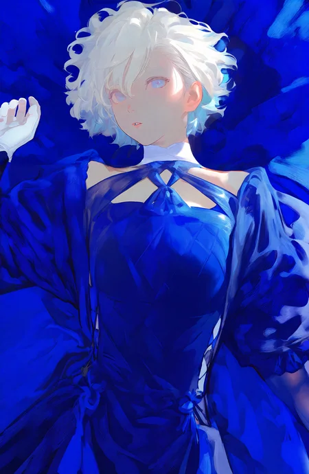 1girl, solo, looking_at_viewer, short_hair, long_sleeves, gloves, dress, upper_body, white_hair, lying, on_back, blue_dress, blue_theme