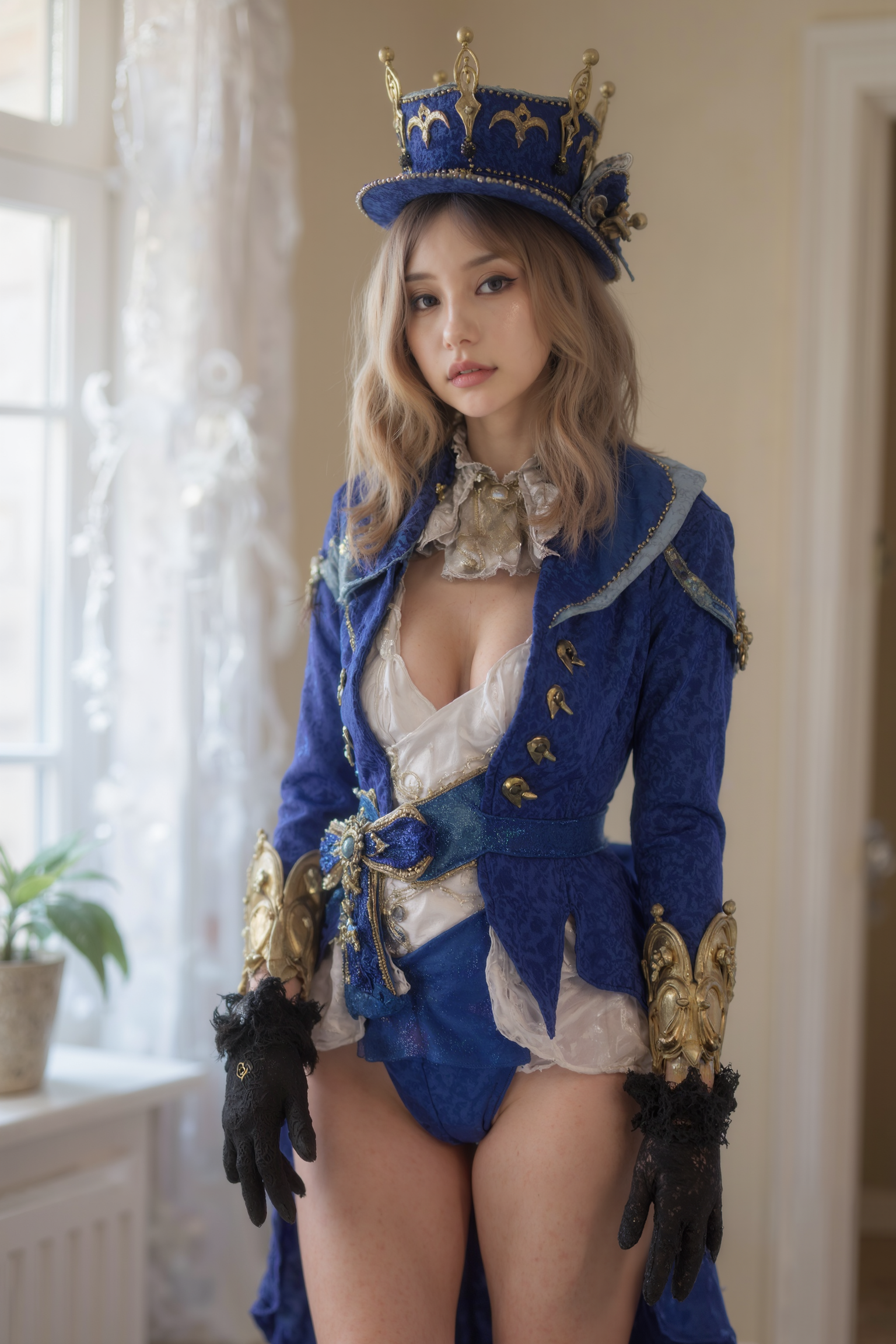 This is a high-resolution full body photograph featuring a young woman standing on the floor in the house. 

She is wearing SGWN34Clothing with a vibrant blue outfit with gold accents, with a blue and gold crown, thigh-high boots, and fingerless gloves.

Intimate morning portrait, natural window light streaming in, blonde wavy hair, soft genuine smile,  casual at-home vibes, bashful mischievous glance, minimal everyday makeup, warm vanilla walls in background, lifestyle photography, candid moment, shot on Sony A7IV with 35mm f/1.4 lens, shallow depth of field, (soft morning glow:1.3), (natural skin texture:1.2), (gentle bokeh:1.2), (casual intimacy:1.4), dreamy atmosphere, film-like grain, nostalgic color grading, Instagram aesthetic, lifestyle blogger quality