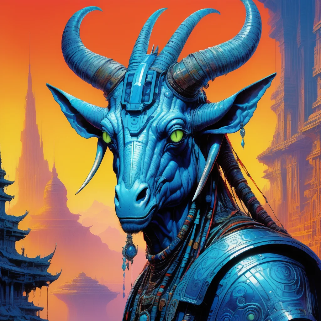 Biopunk,Flat shading and Holographic Blue Slaad with sublime and inventive aqua eyes, Pointed Horns,Grim setting,Luminous,Smooth,hyperdetailed,intricate details,detailed picture, rich deep colors,art by michael whelan and andrei markin <lora:xk3mt1ks:.5>