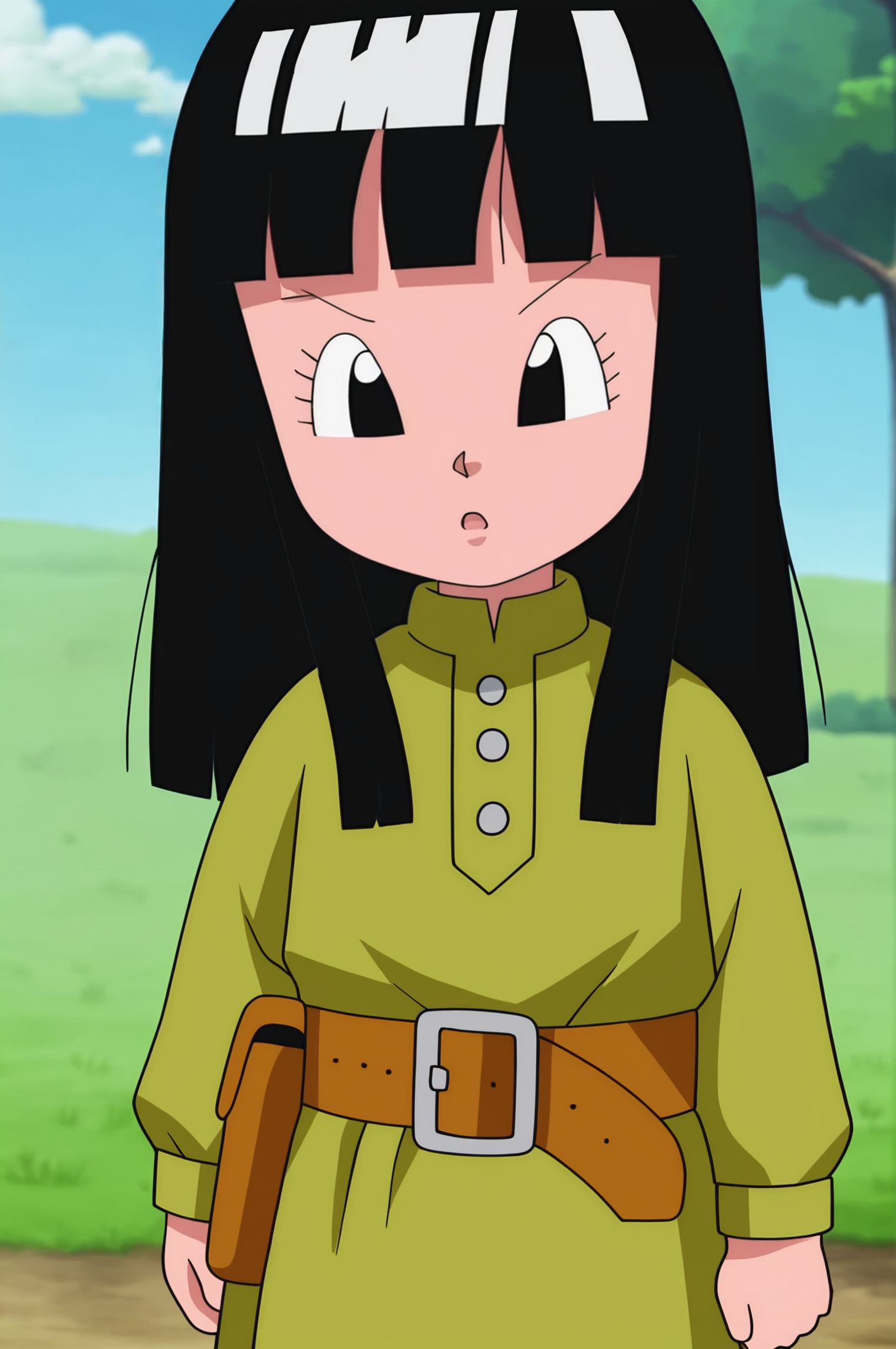 source_anime, score_9, score_8_up, score_7_up, anime screencap, absurdres, official style,
1girl, solo,
mai \(dragon ball\), chibi, official style, 1girl, solo, bangs, long hair, black eyes, eyelashes, dot mouth, black hair, green dress, long sleeves, belt, holster, tree, cowboy shot, arms by side, looking at another, blue sky, v-shaped eyebrows, field, tree, 
 <lora:ohmai_pony_v1:0.8>