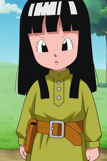 source_anime, score_9, score_8_up, score_7_up, anime screencap, absurdres, official style,
1girl, solo,
mai \(dragon ball\), chibi, official style, 1girl, solo, bangs, long hair, black eyes, eyelashes, dot mouth, black hair, green dress, long sleeves, belt, holster, tree, cowboy shot, arms by side, looking at another, blue sky, v-shaped eyebrows, field, tree,
<lora:ohmai_pony_v1:0.8>